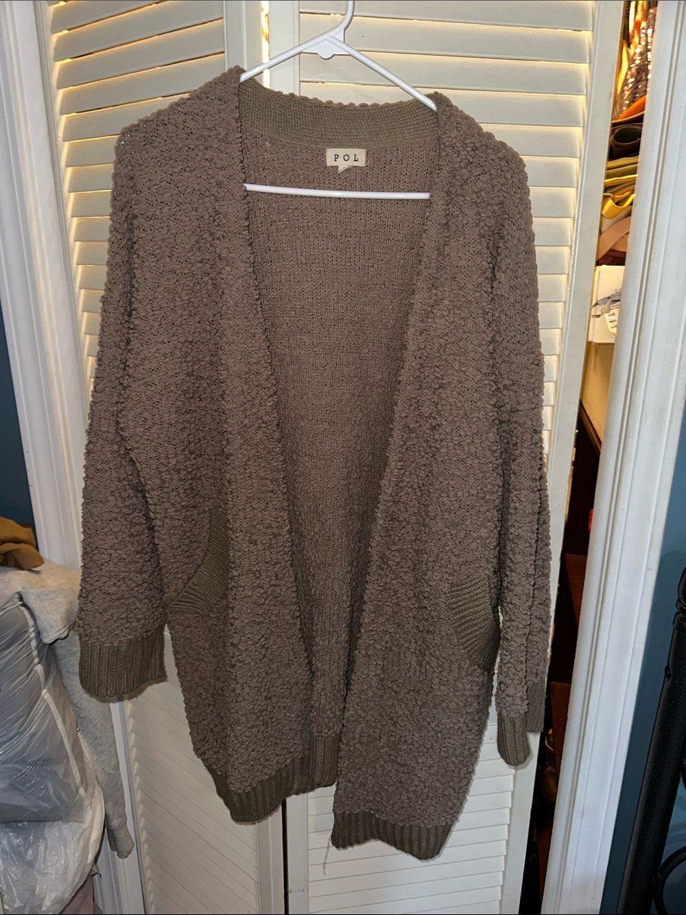 POL Taupe Bouclé Open-Front Cardigan Sweater